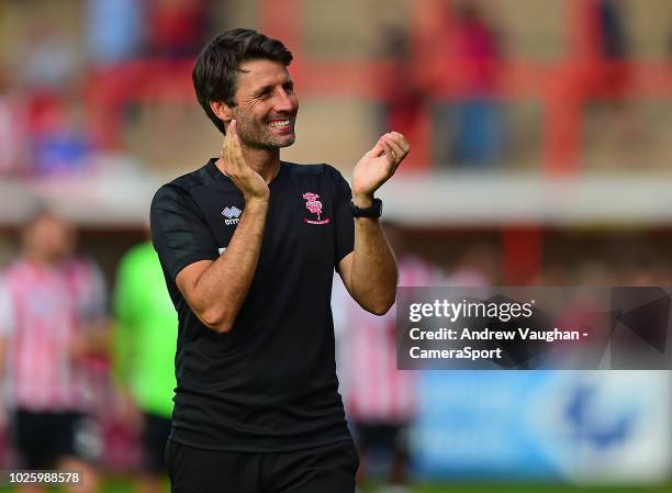 Lincoln City manager Danny Cowley applauds the fans following the Sky Bet League Two match between Exeter City and Lincoln City at St James Park on...