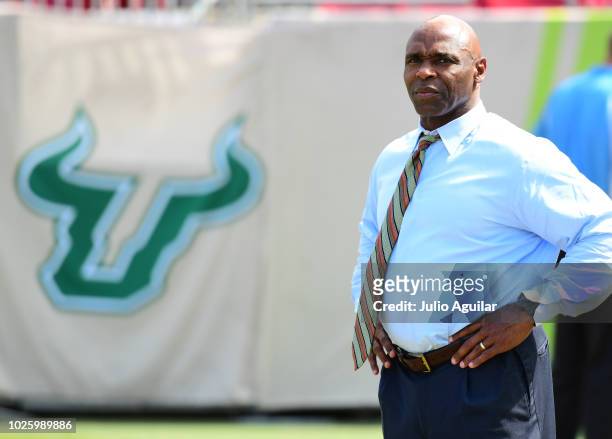 Head coach Charlie Strong of the South Florida Bulls looks on during pregame before a football game against the Elon Phoenix on September 1, 2018 at...