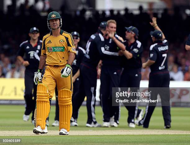 England players celebrate the wicket of Ricky Ponting during the 5th NatWest One Day International between England and Australia at Lords on July 3,...