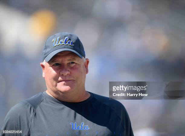 Head coach Chip Kelly of the UCLA Bruins during warm up before his home opening debut against the Cincinnati Bearcats at Rose Bowl on September 1,...