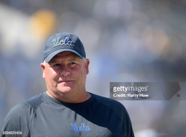Head coach Chip Kelly of the UCLA Bruins during warm up before the home opening game against the Cincinnati Bearcats at Rose Bowl on September 1,...