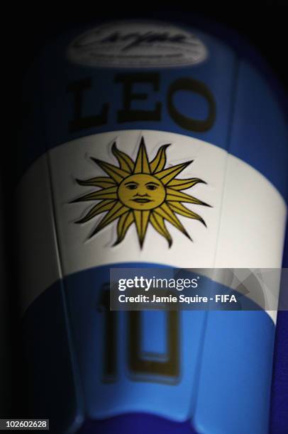 The shin pads of Lionel Messi on display in the dressing room ahead of the 2010 FIFA World Cup South Africa Quarter Final match between Argentina and...