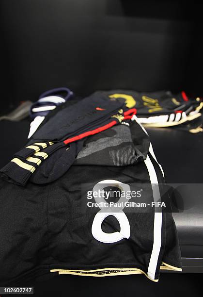 The kit of Mesut Oezil of Germany on display in the dressing room ahead of the 2010 FIFA World Cup South Africa Quarter Final match between Argentina...