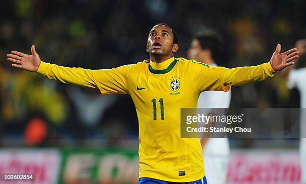Robinho of Brazil celebrate scoring during the 2010 FIFA World Cup South Africa Round of Sixteen match between Brazil and Chile at Ellis Park Stadium...