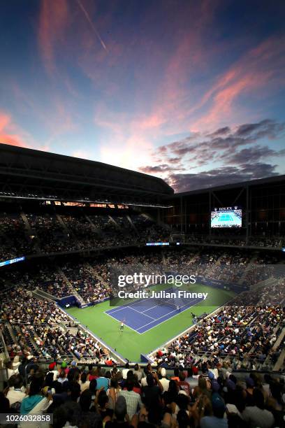 General view of Louis Armstrong Stadium during the men's singles third round match as Philipp Kohlschreiber of Germany celebrates match point in his...