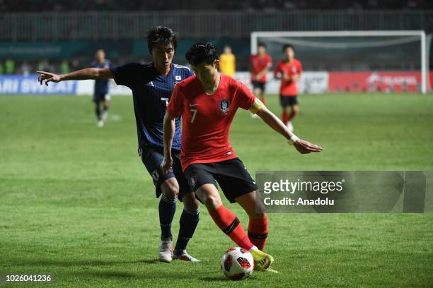 Son Heung-Min of South Korea in action during the 2018 Asian Games Final soccer match between South Korea and Japan at Pakansari Stadium in Bogor,...