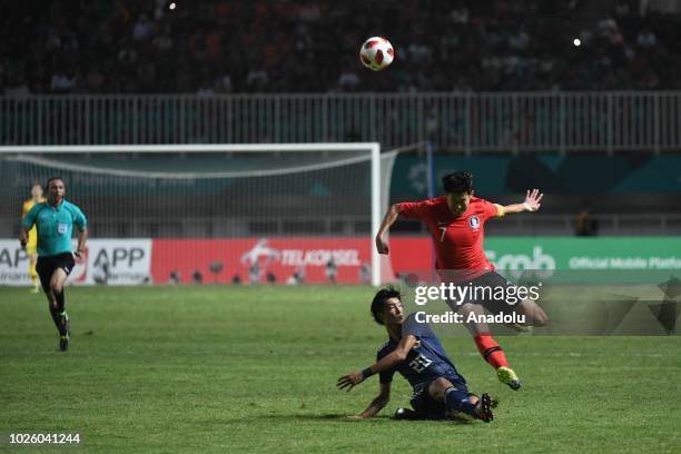 Son Heung-Min of South Korea in action during the 2018 Asian Games Final soccer match between South Korea and Japan at Pakansari Stadium in Bogor,...