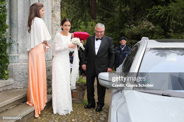 Bride Deniz Kaya and her father Metin Kaya arrive to the wedding of Prince Konstantin of Bavaria and Princess Deniz of Bavaria, born Kaya, at the...