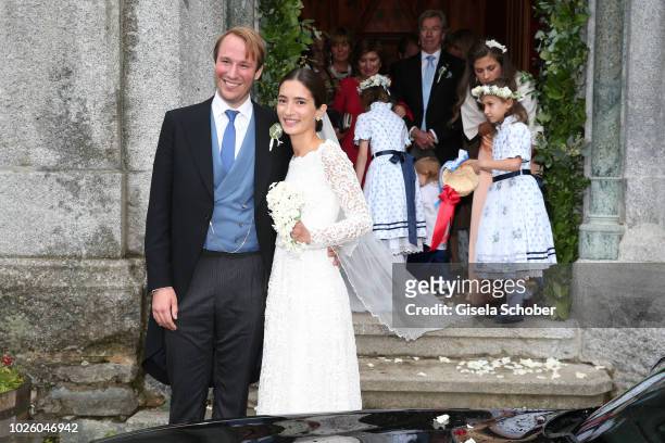Bridegroom Prince Konstantin of Bavaria and his wife Princess Deniz of Bavaria, born Kaya leave their wedding at the french church 'Eglise au Bois'...