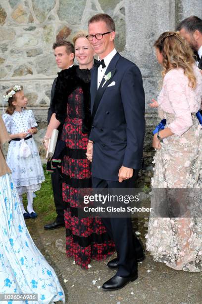 Prince Manuel of Bavaria and his wife Anna of Bavaria during the wedding of Prince Konstantin of Bavaria and Deniz Kaya at the french church 'Eglise...