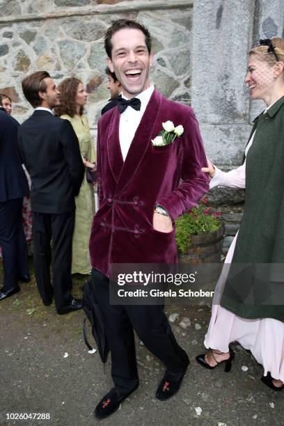 Franziskus von Boch and Annina von Pfuel during the wedding of Prince Konstantin of Bavaria and Deniz Kaya at the french church 'Eglise au Bois' on...