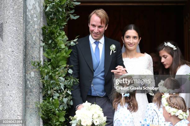 Bridegroom Prince Konstantin of Bavaria and his wife, Bride Princess Deniz of Bavaria born Kaya leave their wedding at the french church 'Eglise au...