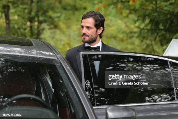 Prince Carl Philip of Sweden during the wedding of Prince Konstantin of Bavaria and Princess Deniz of Bavaria, born Kaya, at the french church...