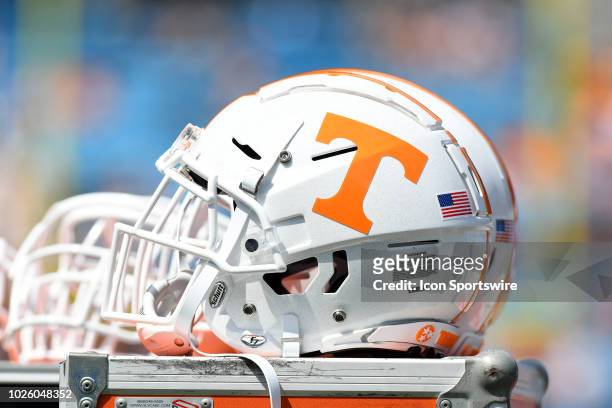 Tennessee Volunteers helmet sits in the sideline prior to the Belk College Kickoff game between the Tennessee Volunteers and the West Virginia...
