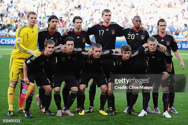 The Germany team line up ahead of the 2010 FIFA World Cup South Africa Quarter Final match between Argentina and Germany at Green Point Stadium on...