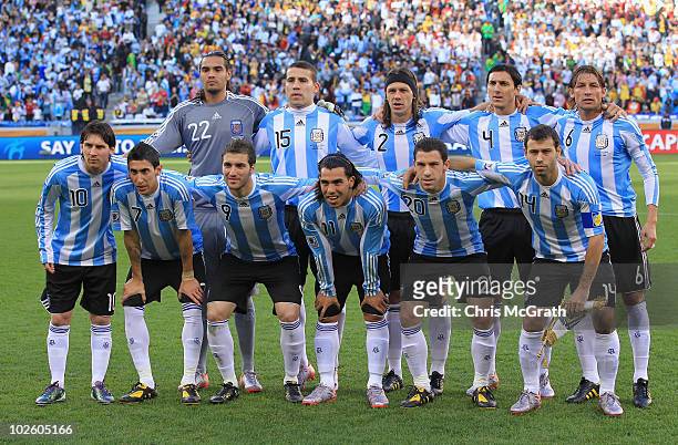 The Argentina team line up ahead of the 2010 FIFA World Cup South Africa Quarter Final match between Argentina and Germany at Green Point Stadium on...