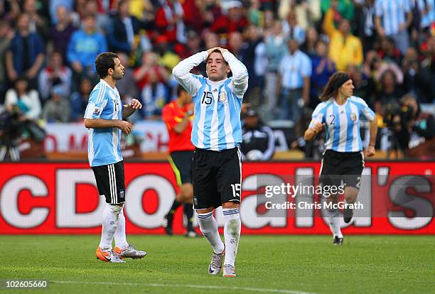 Nicolas Otamendi of Argentina reacts during the 2010 FIFA World Cup South Africa Quarter Final match between Argentina and Germany at Green Point...