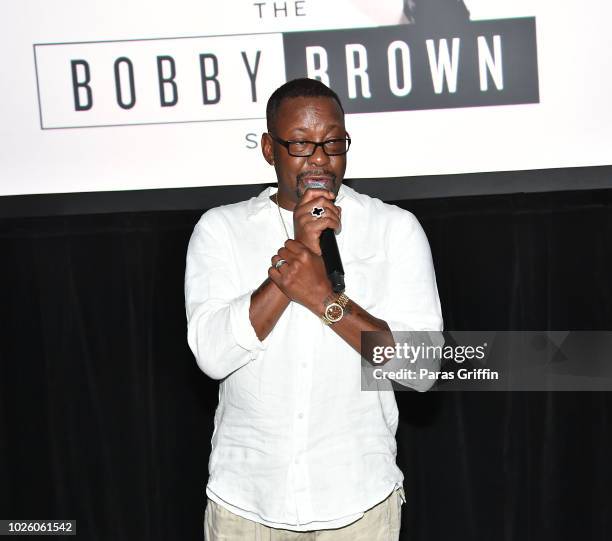 Singer Bobby Brown speaks onstage during The "Bobby-Q" Atlanta Premiere Of "The Bobby Brown Story" at Atlanta Contemporary Arts Center on September...