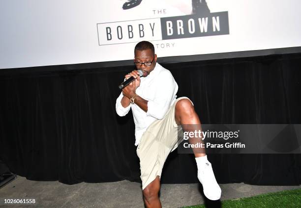 Singer Bobby Brown speaks onstage during The "Bobby-Q" Atlanta Premiere Of "The Bobby Brown Story" at Atlanta Contemporary Arts Center on September...