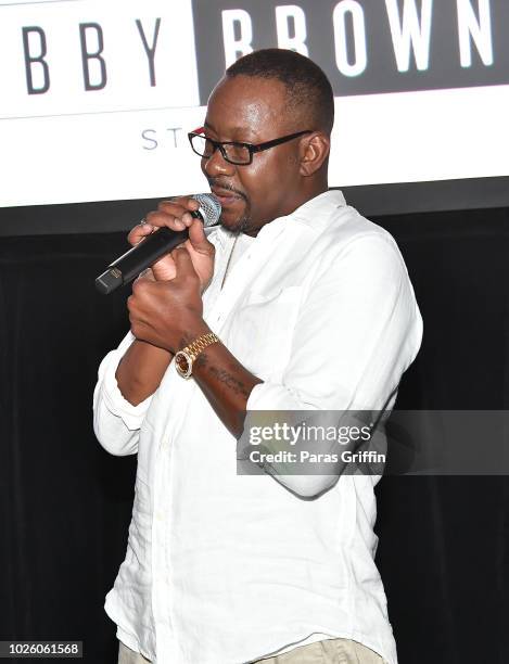 Singer Bobby Brown speaks onstage during The "Bobby-Q" Atlanta Premiere Of "The Bobby Brown Story" at Atlanta Contemporary Arts Center on September...