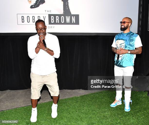 Bobby Brown and Kenny Burns onstage during The "Bobby-Q" Atlanta Premiere Of "The Bobby Brown Story" at Atlanta Contemporary Arts Center on September...