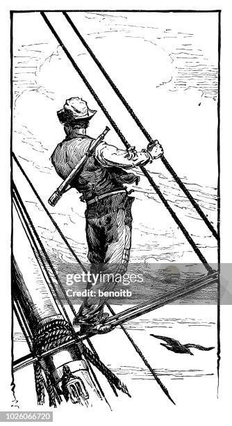 ilustraciones, imágenes clip art, dibujos animados e iconos de stock de escaneado de marinero mirando al mar - grabado de 1882 - catalejo