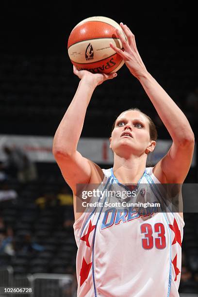 Alison Bales of the Atlanta Dream shoots a free throw against the Tulsa Shock at Philips Arena on June 23, 2010 in Atlanta, Georgia. NOTE TO USER:...