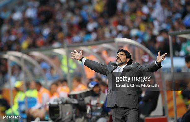 Diego Maradona head coach of Argentina gestures in frustration on the touchline during the 2010 FIFA World Cup South Africa Quarter Final match...
