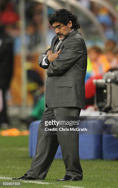 Diego Maradona head coach of Argentina looks on dejected during the 2010 FIFA World Cup South Africa Quarter Final match between Argentina and...