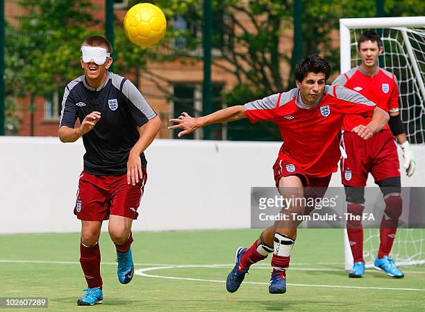 Robin Williams and Keryn Seal in action during the England Blind Squad training session at Royal National College for the Blind on July 03, 2010 in...