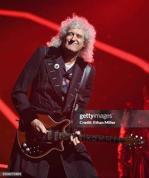 Guitarist Brian May of Queen + Adam Lambert performs as the group kicks off its 10-date limited engagement, "The Crown Jewels," at Park Theater at...