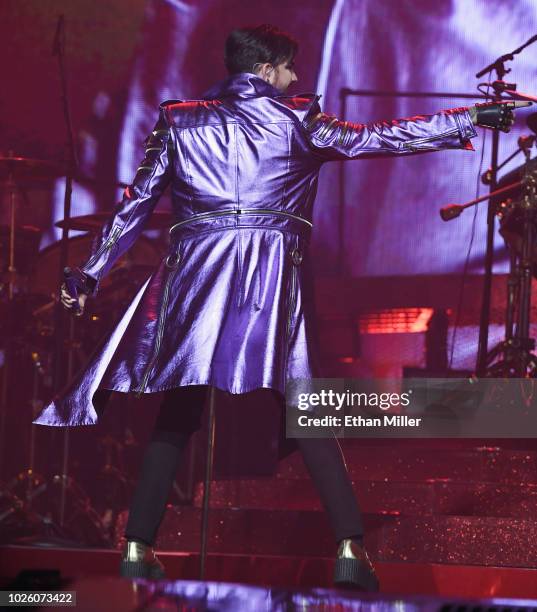 Singer Adam Lambert of Queen + Adam Lambert performs as the group kicks off its 10-date limited engagement, "The Crown Jewels," at Park Theater at...