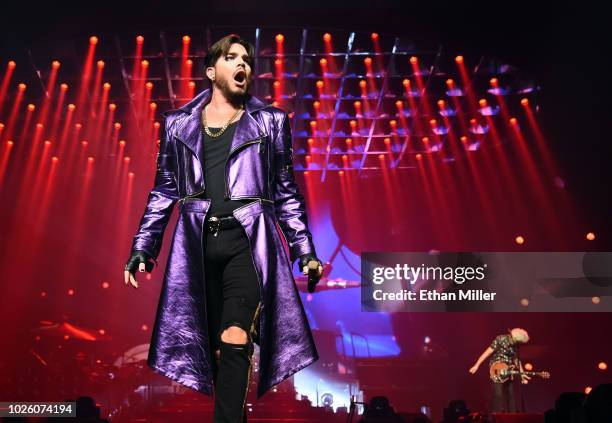Singer Adam Lambert of Queen + Adam Lambert performs as the group kicks off its 10-date limited engagement, "The Crown Jewels," at Park Theater at...