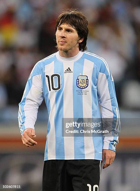 Lionel Messi of Argentina looks dejected during the 2010 FIFA World Cup South Africa Quarter Final match between Argentina and Germany at Green Point...