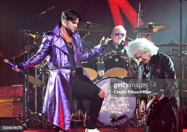 Singer Adam Lambert, drummer Roger Taylor and guitarist Brian May of Queen + Adam Lambert perform as the group kicks off its 10-date limited...
