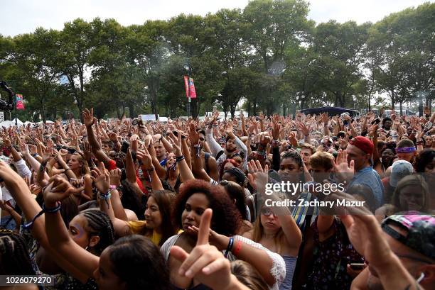 Festivalgoers attend the 2018 Made In America Festival - Day 1 at Benjamin Franklin Parkway on September 1, 2018 in Philadelphia, Pennsylvania.