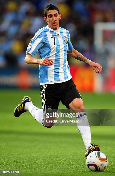 Angel Di Maria of Argentina in action during the 2010 FIFA World Cup South Africa Quarter Final match between Argentina and Germany at Green Point...