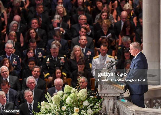 Sen. Lindsey Graham, a longtime friend of Sen. McCain, reads a passage at the funeral service at the National Cathedral for Sen. John S. McCain , a...