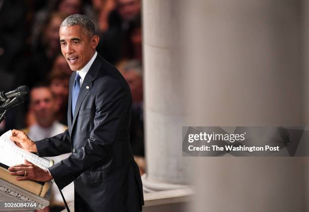 Former President Barack Obama speaks during the funeral service at the National Cathedral for Sen. John S. McCain , a six-term senator from Arizona...