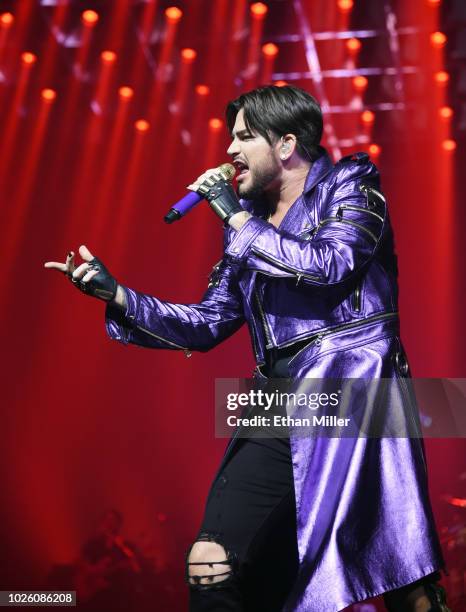 Singer Adam Lambert of Queen + Adam Lambert performs as the group kicks off its 10-date limited engagement, "The Crown Jewels," at Park Theater at...