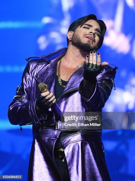 Singer Adam Lambert of Queen + Adam Lambert performs as the group kicks off its 10-date limited engagement, "The Crown Jewels," at Park Theater at...