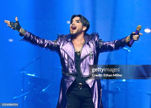 Singer Adam Lambert of Queen + Adam Lambert performs as the group kicks off its 10-date limited engagement, "The Crown Jewels," at Park Theater at...