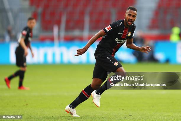 Isaac Kiese Thelin of Bayer 04 Leverkusen in action during the Bundesliga match between Bayer 04 Leverkusen and VfL Wolfsburg at BayArena on...