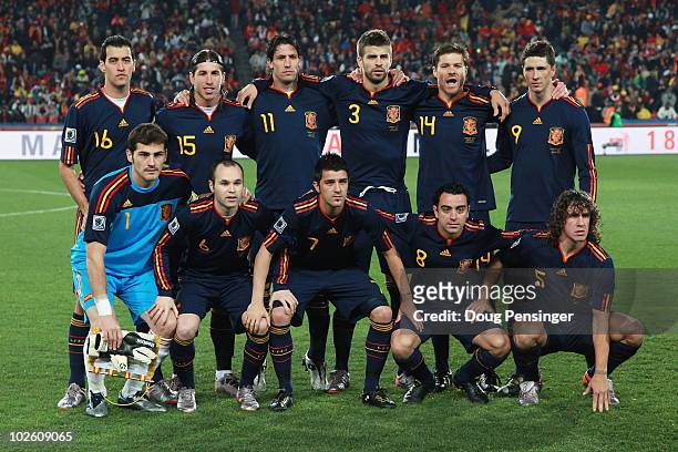 The Spain team line up ahead of the 2010 FIFA World Cup South Africa Quarter Final match between Paraguay and Spain at Ellis Park Stadium on July 3,...