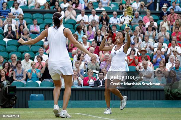 Vania King of USA and Yaroslava Shvedova of Kazakhstan celebrate winning their Ladies Doubles Final Match against Elena Vesnina and Vera Zvonareva of...