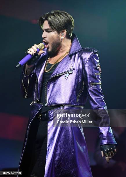 Singer Adam Lambert of Queen + Adam Lambert performs as the group kicks off its 10-date limited engagement, "The Crown Jewels," at Park Theater at...