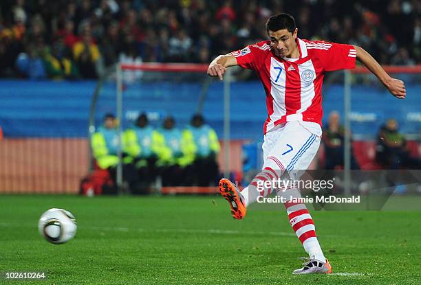 Oscar Cardozo of Paraguay takes the penalty kick which Iker Casillas of Spain saves during the 2010 FIFA World Cup South Africa Quarter Final match...