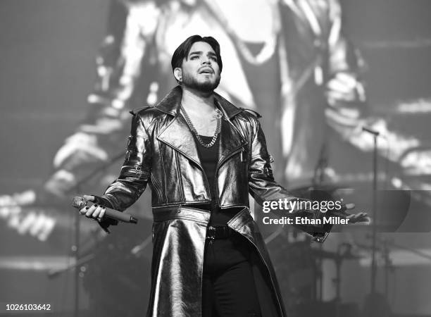 Singer Adam Lambert of Queen + Adam Lambert performs as the group kicks off its 10-date limited engagement, "The Crown Jewels," at Park Theater at...