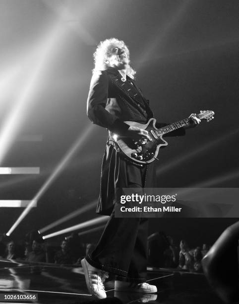 Guitarist Brian May of Queen + Adam Lambert performs as the group kicks off its 10-date limited engagement, "The Crown Jewels," at Park Theater at...