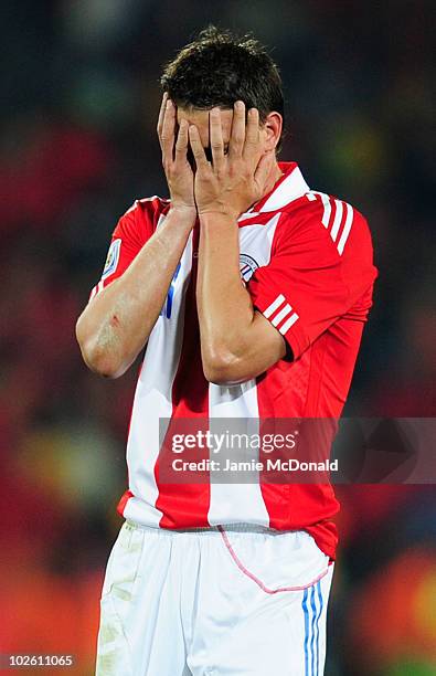 Dejected Jonathan Santana of Paraguay after being knocked out of the tournament during the 2010 FIFA World Cup South Africa Quarter Final match...